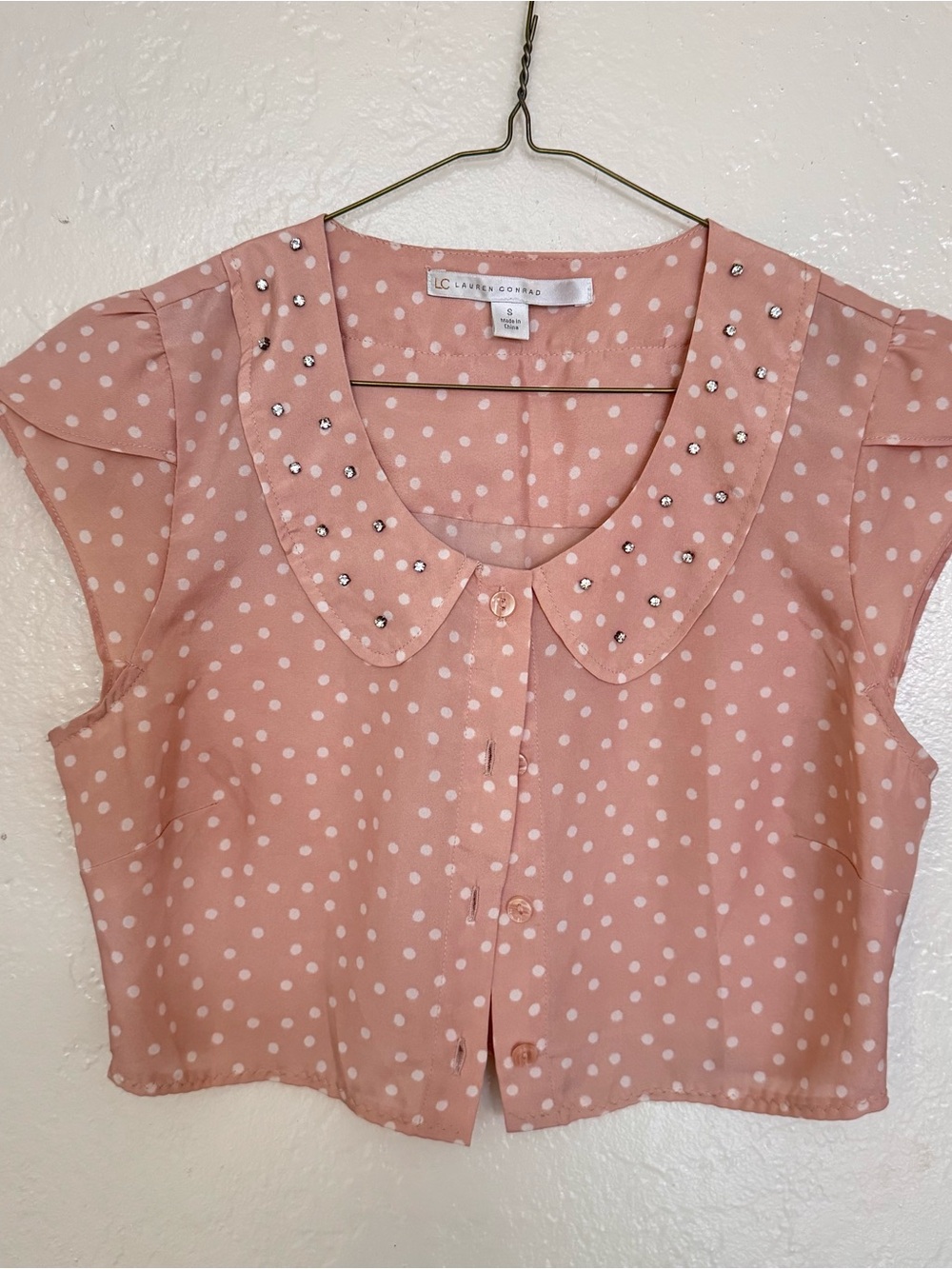 LC Lauren Conrad Blush Pink Polka Dot Embellished Collar Blouse